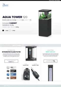 AQUATLANTIS Aqua Tower 120 LED Noir Aquarium équipé 122 L Avec Meuble Une Porte - Dimension : 49,9 X 50,1 X 48,7 Cm -AquaVie Promos Magasin aquatlantis aqua tower 120 informations techniques page 0001